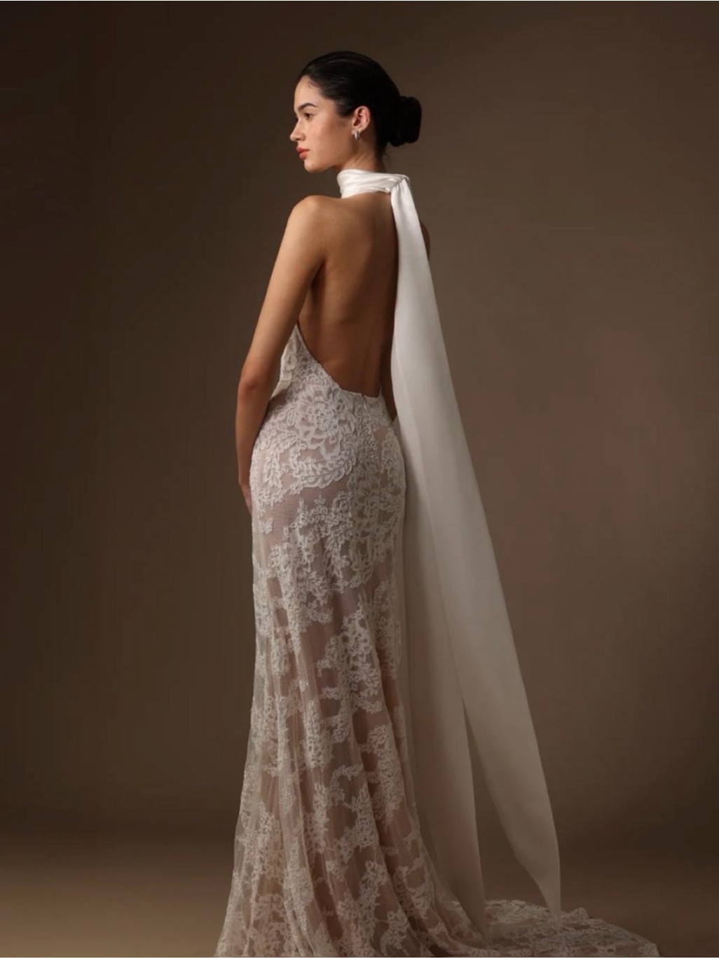 High-Neck White Lace Column Bridal Gown — image 2 of 5